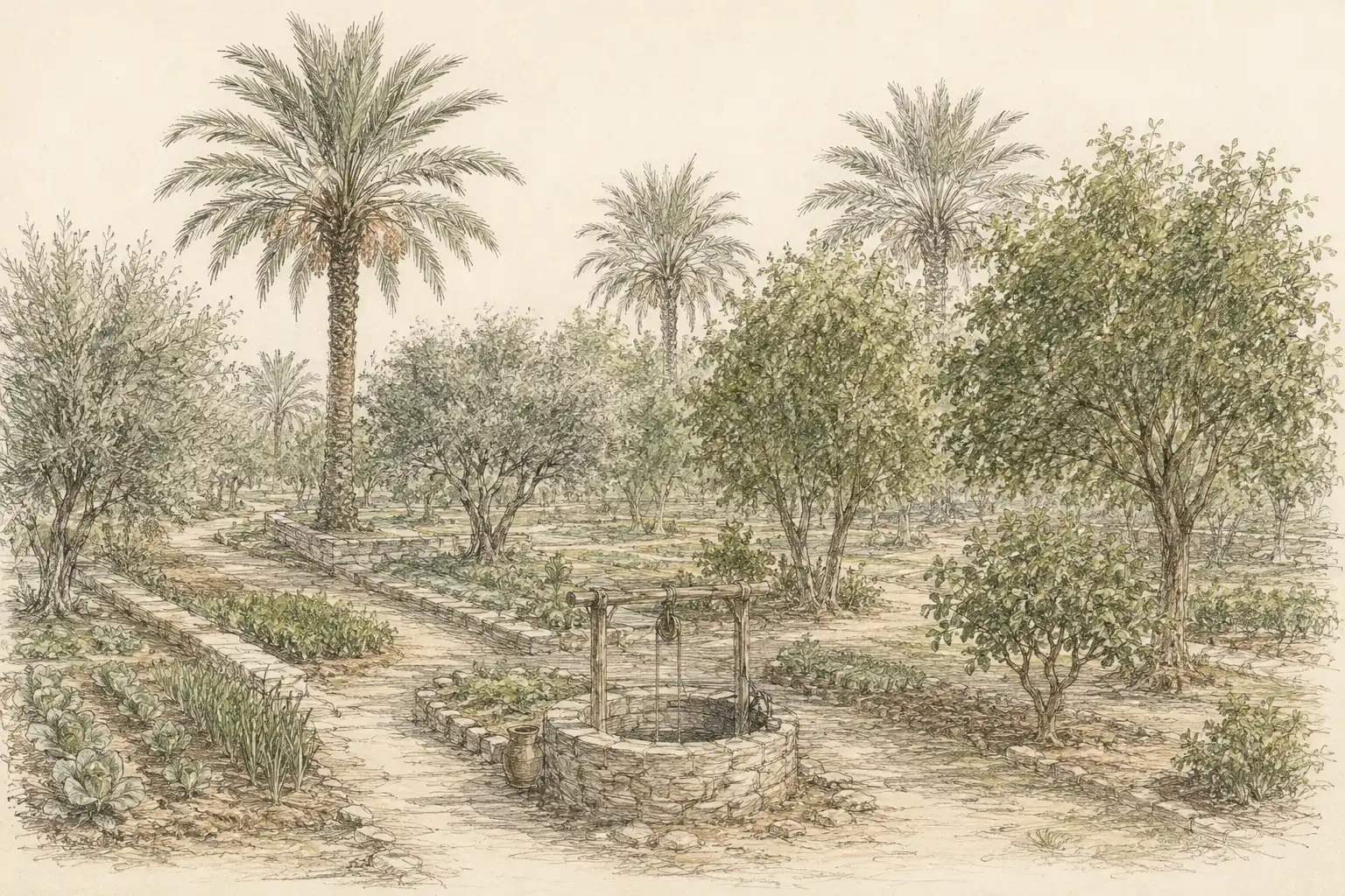 Fine editorial sketch of a future Meski garden with palms, trees and a well