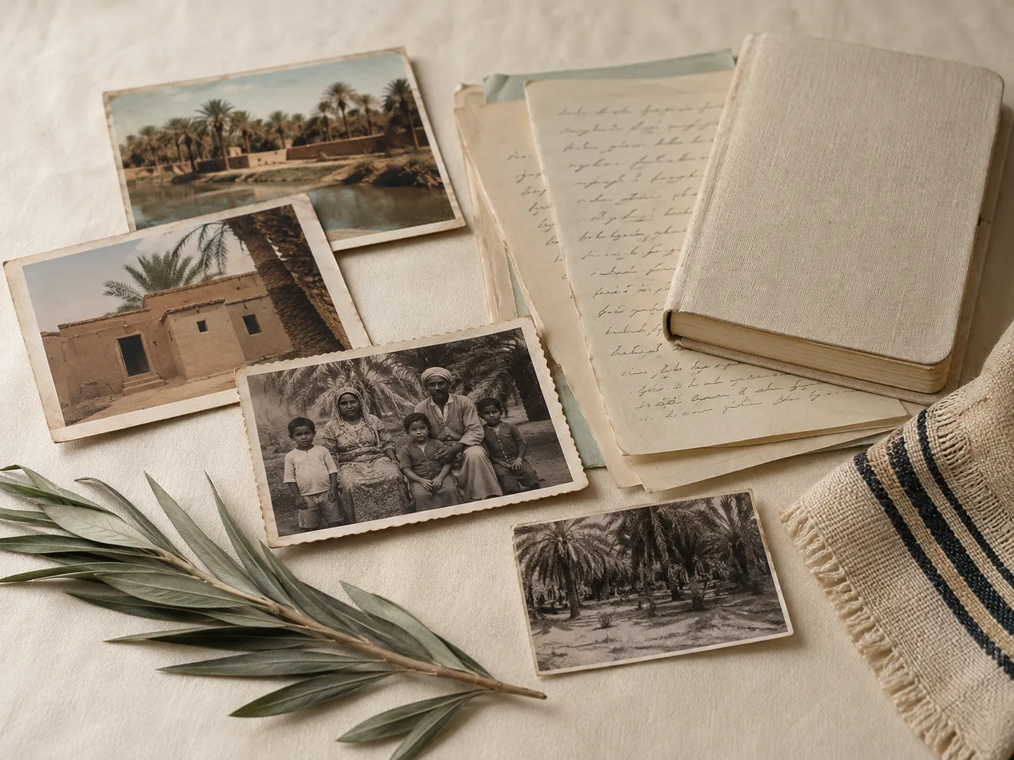 An editorial arrangement of family photographs, written memories and traces of Meski