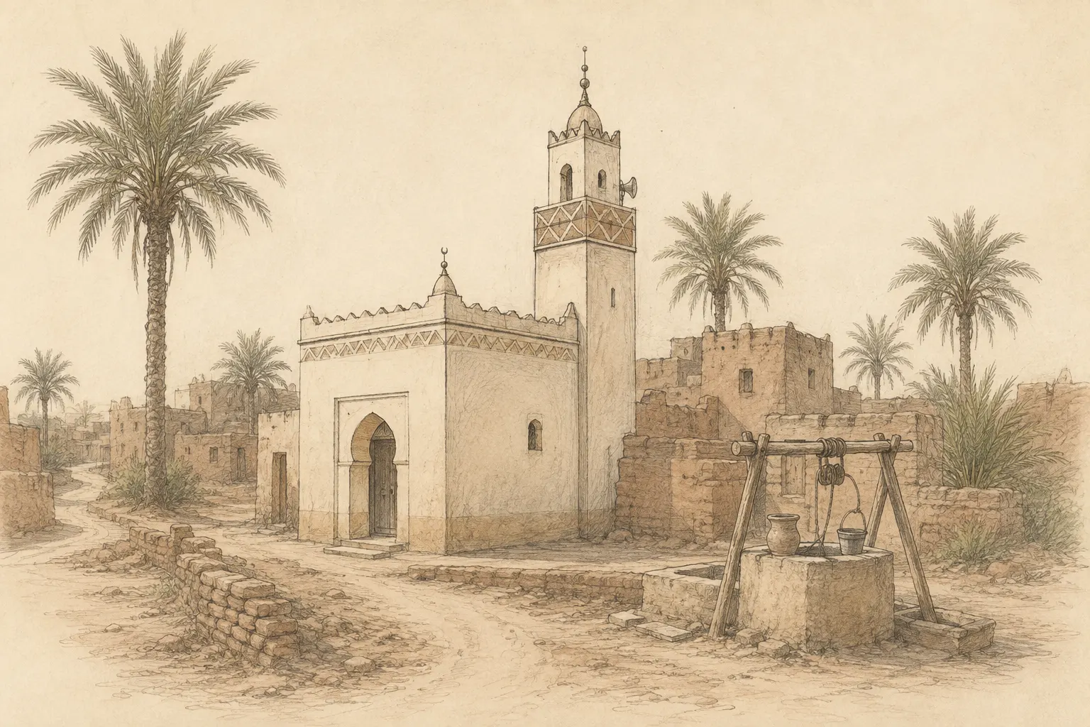 Editorial architectural sketch of a modest mosque and well imagined for the entrance of Meski