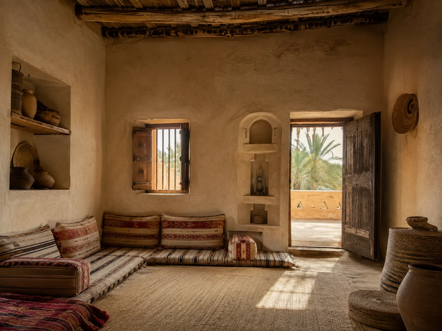 A simple traditional Meski-style majlis built with brick and earth finishes