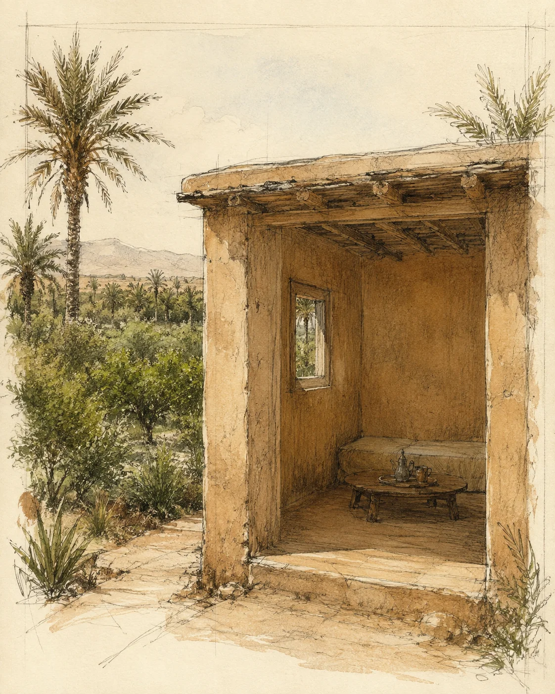 Fine editorial drawing of a simple old-style room imagined for the family garden in Meski