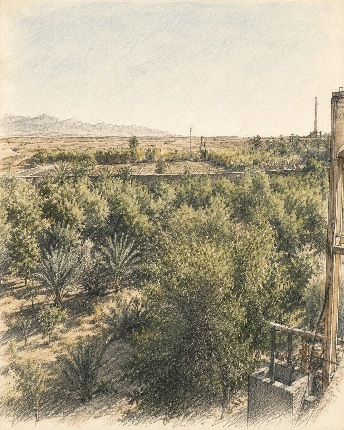Fine editorial drawing of the real family garden in Meski with palms, trees and the well