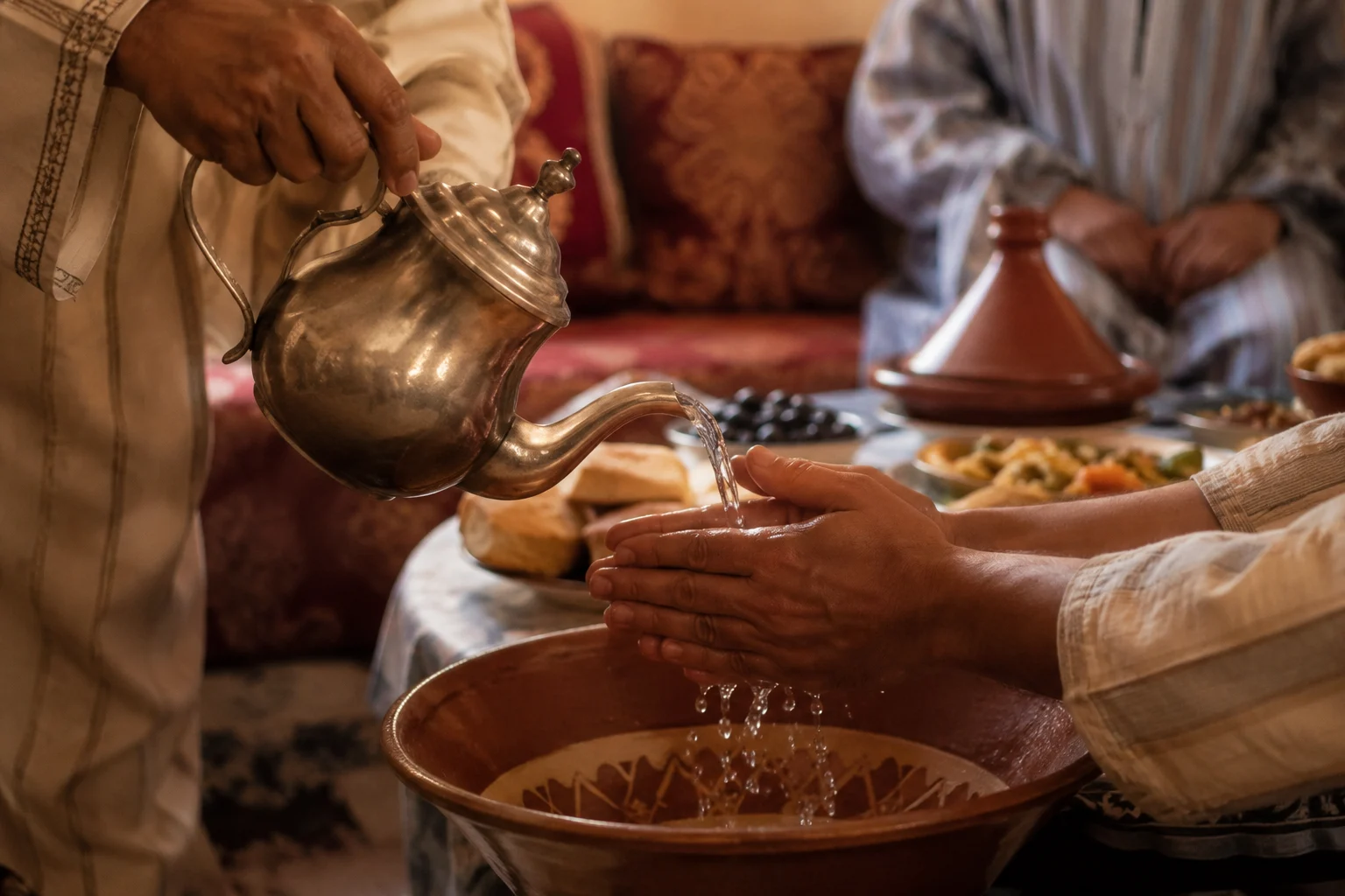 Water poured over the hands into a basin before a traditional family meal