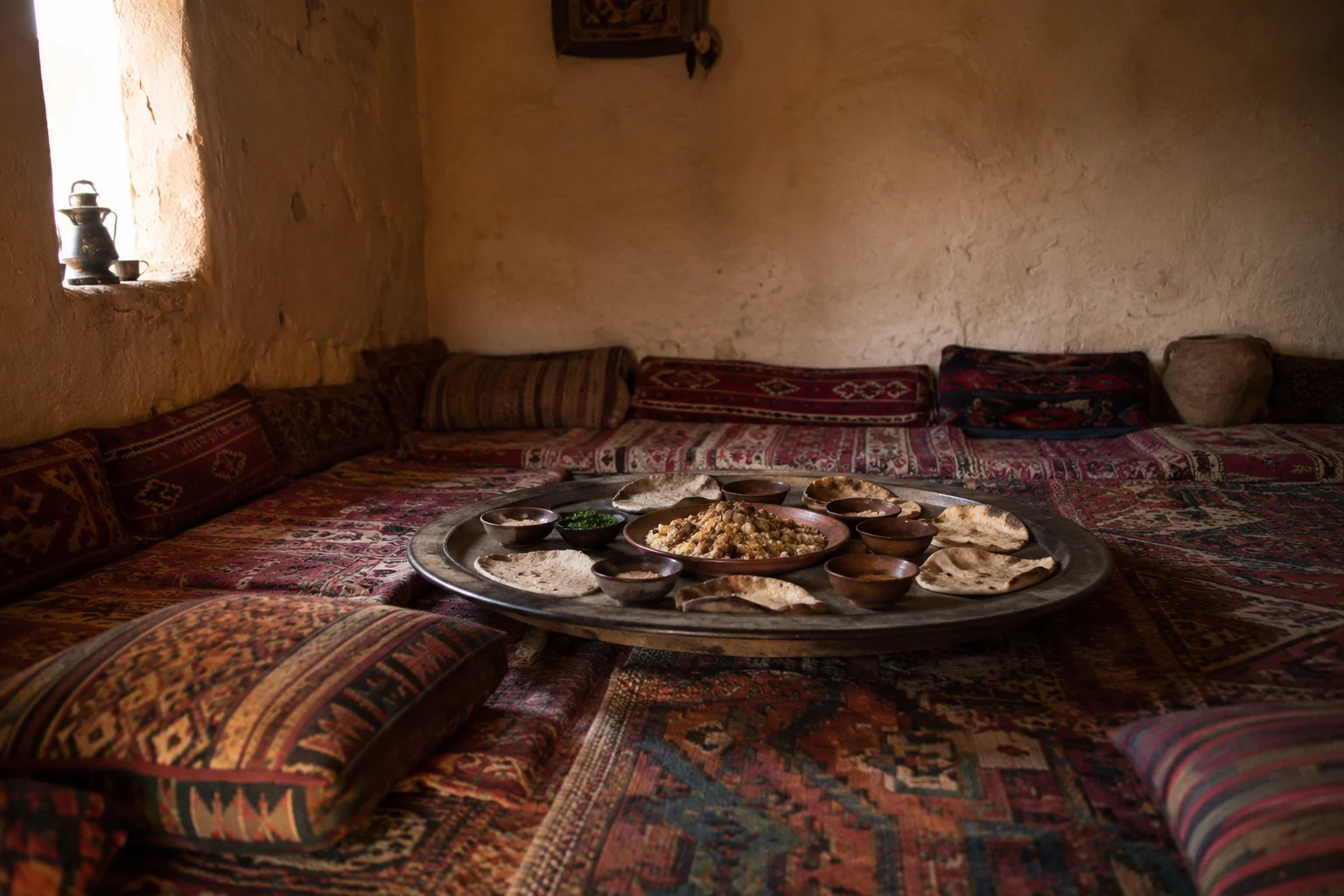 A shared meal served low to the floor in a traditional majlis