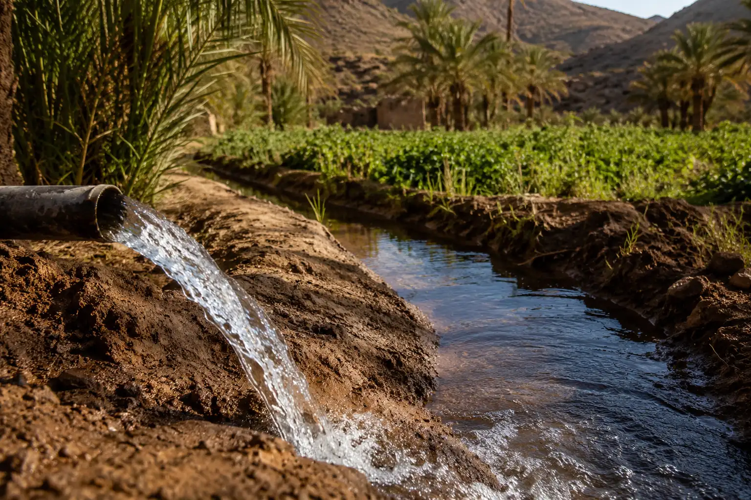 Cold clear well water flowing from an irrigation pipe in the Meski valley