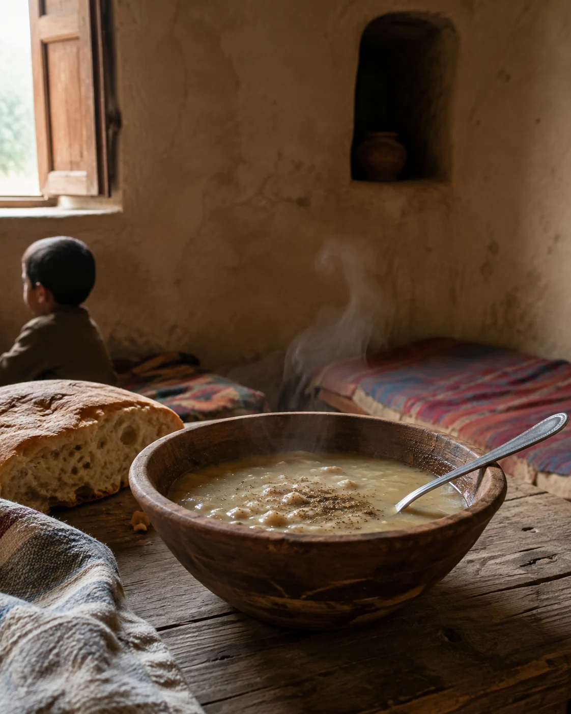 Wargia soup served in a simple wooden bowl
