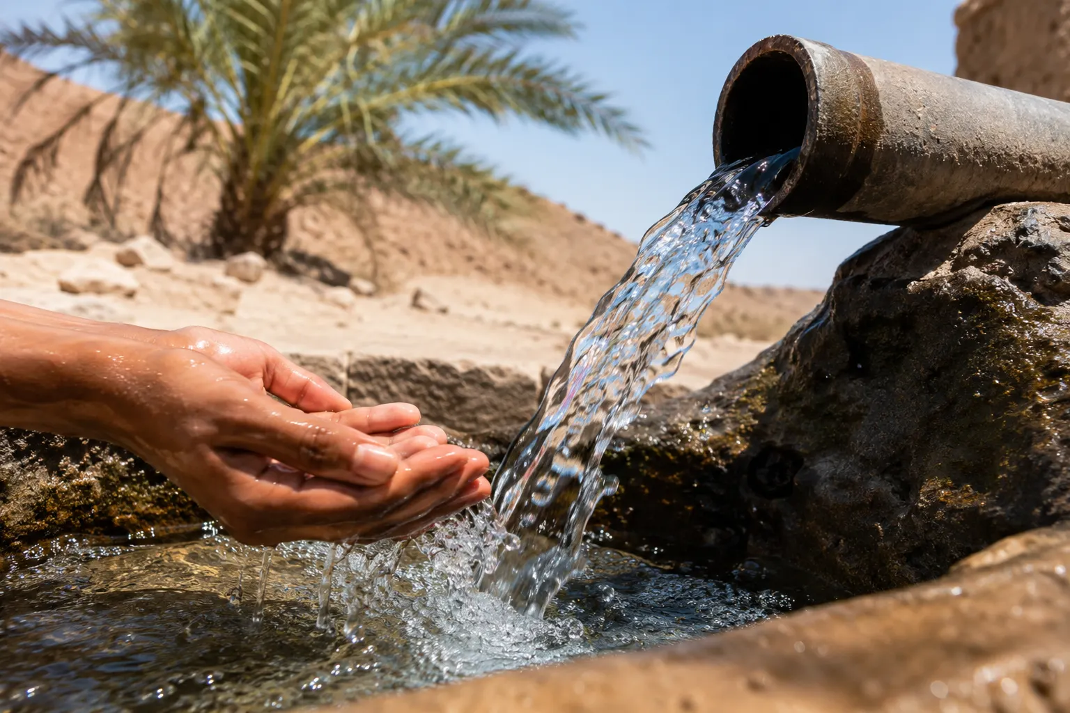 Cold clear well water in the heat of the Meski oasis
