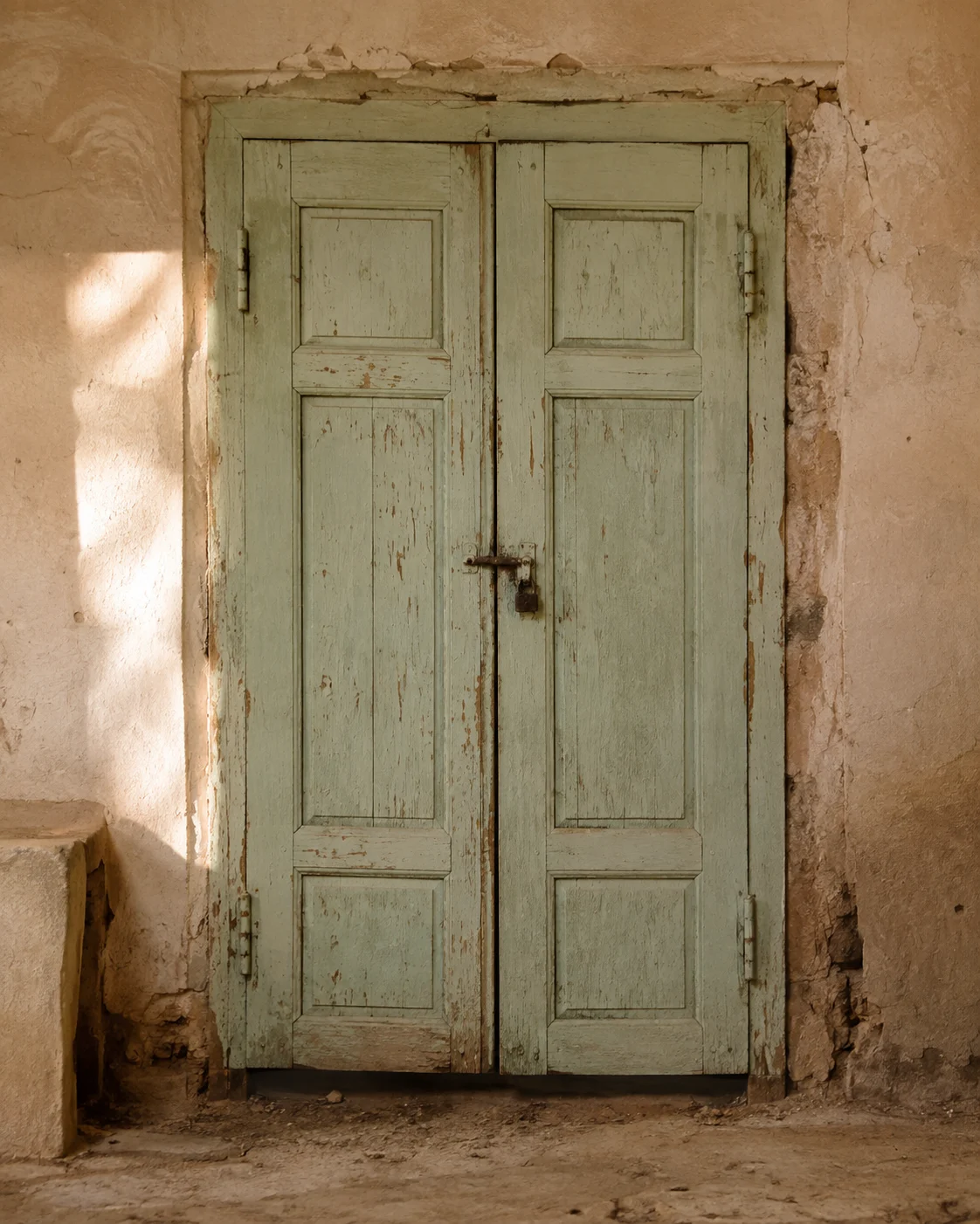 The old pale green double door of the Grand Salon in Ksar Meski