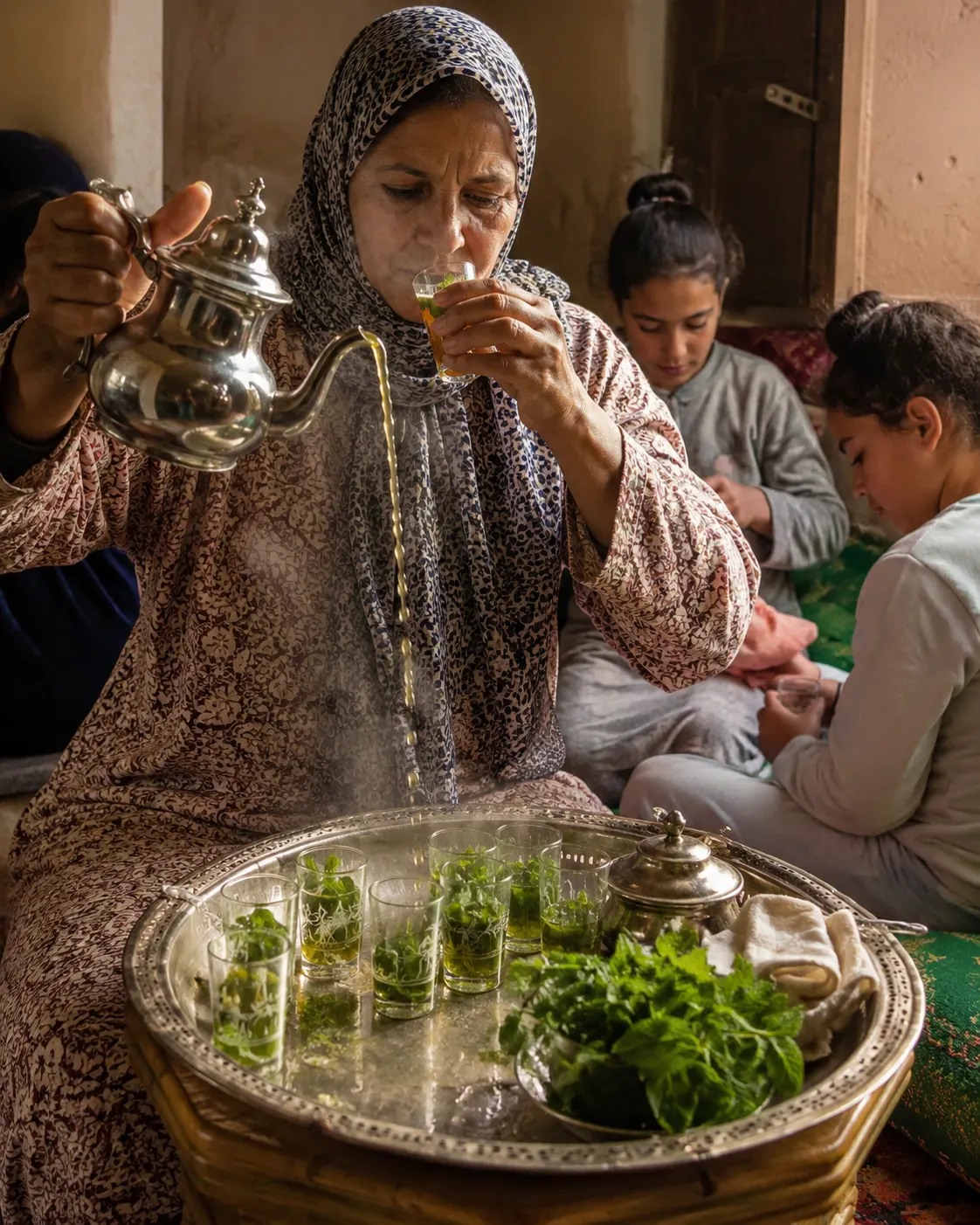 Traditional tea being prepared slowly with mint in a family home