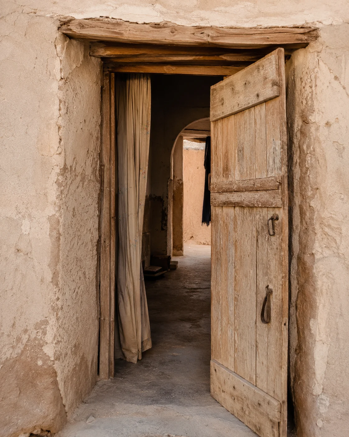 A simple curtain behind an open traditional house entrance in Ksar Meski