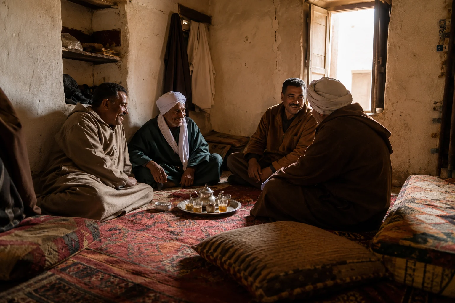 A modest small salon in a traditional Ksar Meski house prepared for visitors