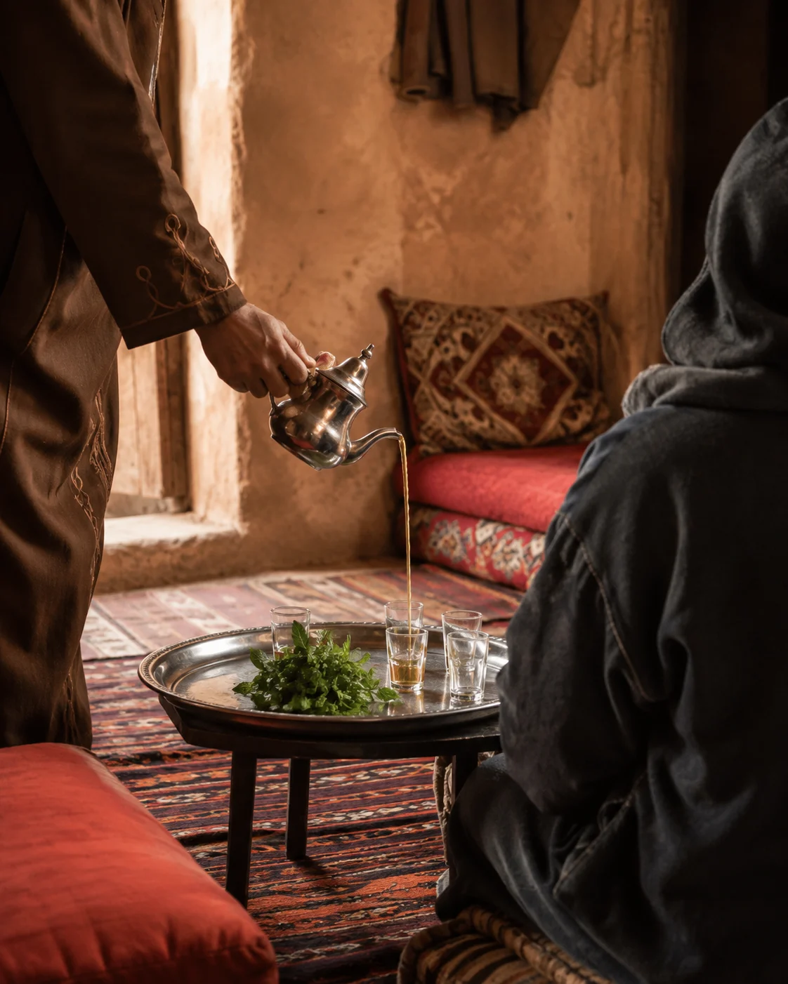 Traditional Moroccan tea served to a visitor in a modest family salon