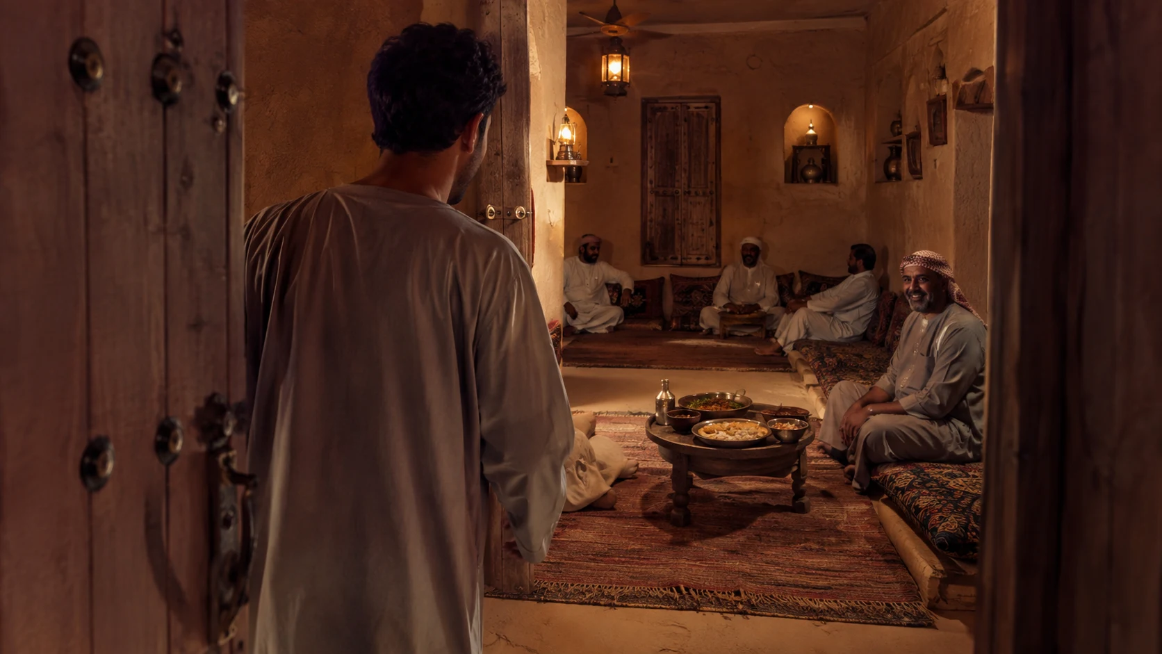 People sharing a quiet conversation in a traditional setting