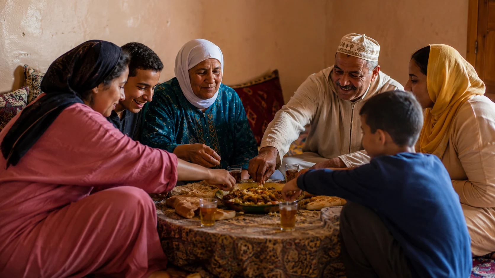 Hands sharing one large traditional dish while sitting together