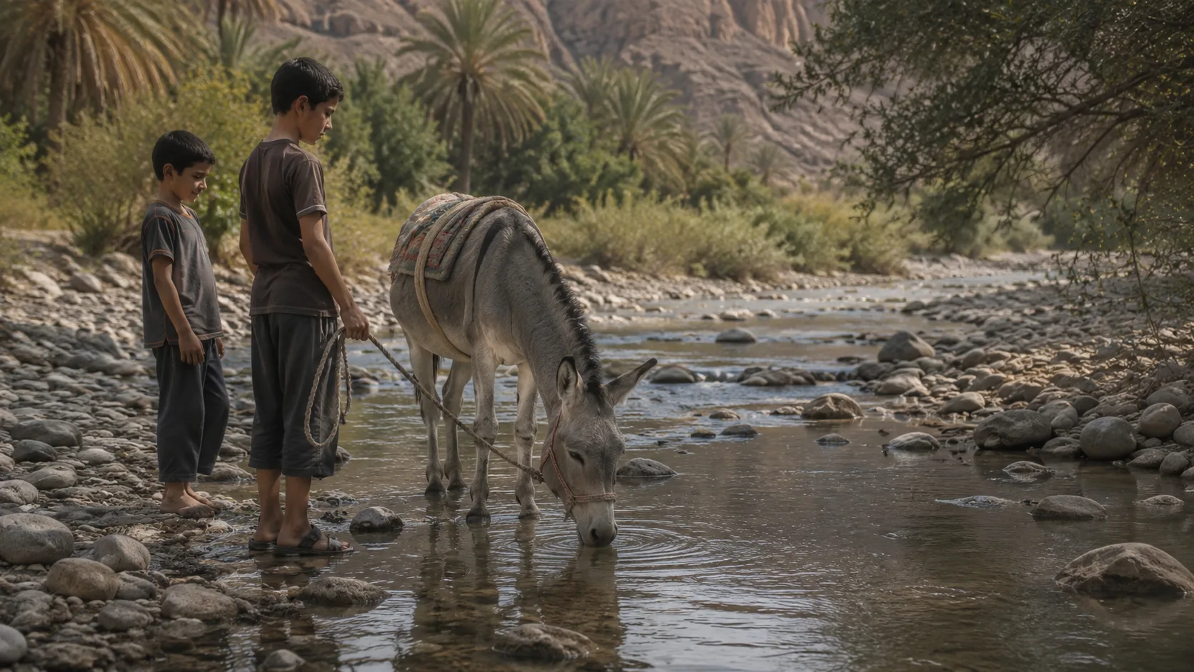 A grey donkey drinking in the rocky oued while children hold its rope