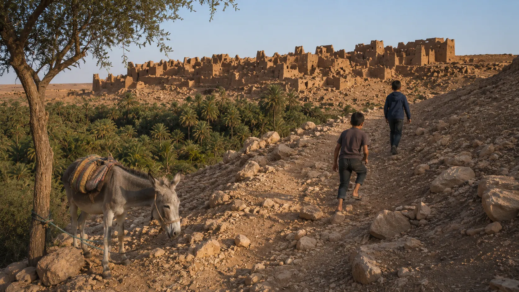 A grey donkey tied to a tree below the rocky ascent to the old ksar