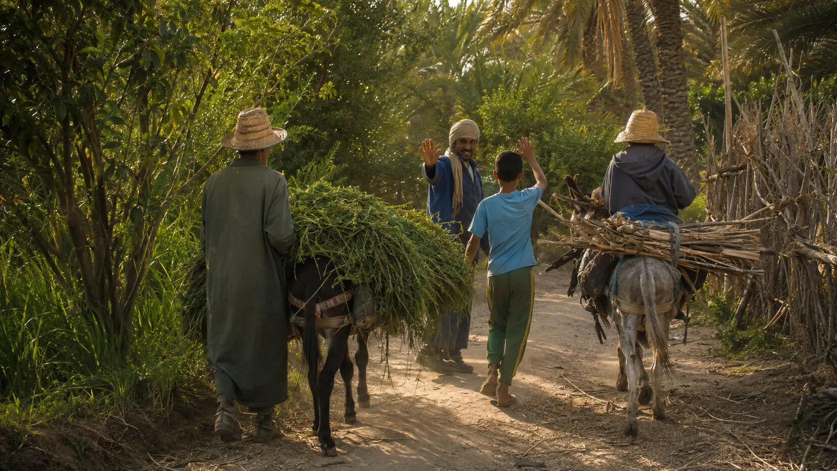 Farmers returning through the oasis with donkeys carrying grass and wood