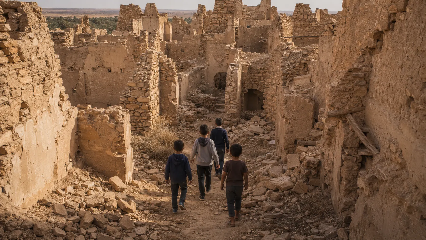 Children cautiously entering the empty ruined streets of the old ksar