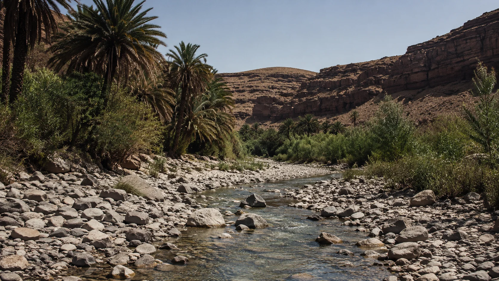 The rocky bed of the oued with smooth grey oval pebbles and shallow water