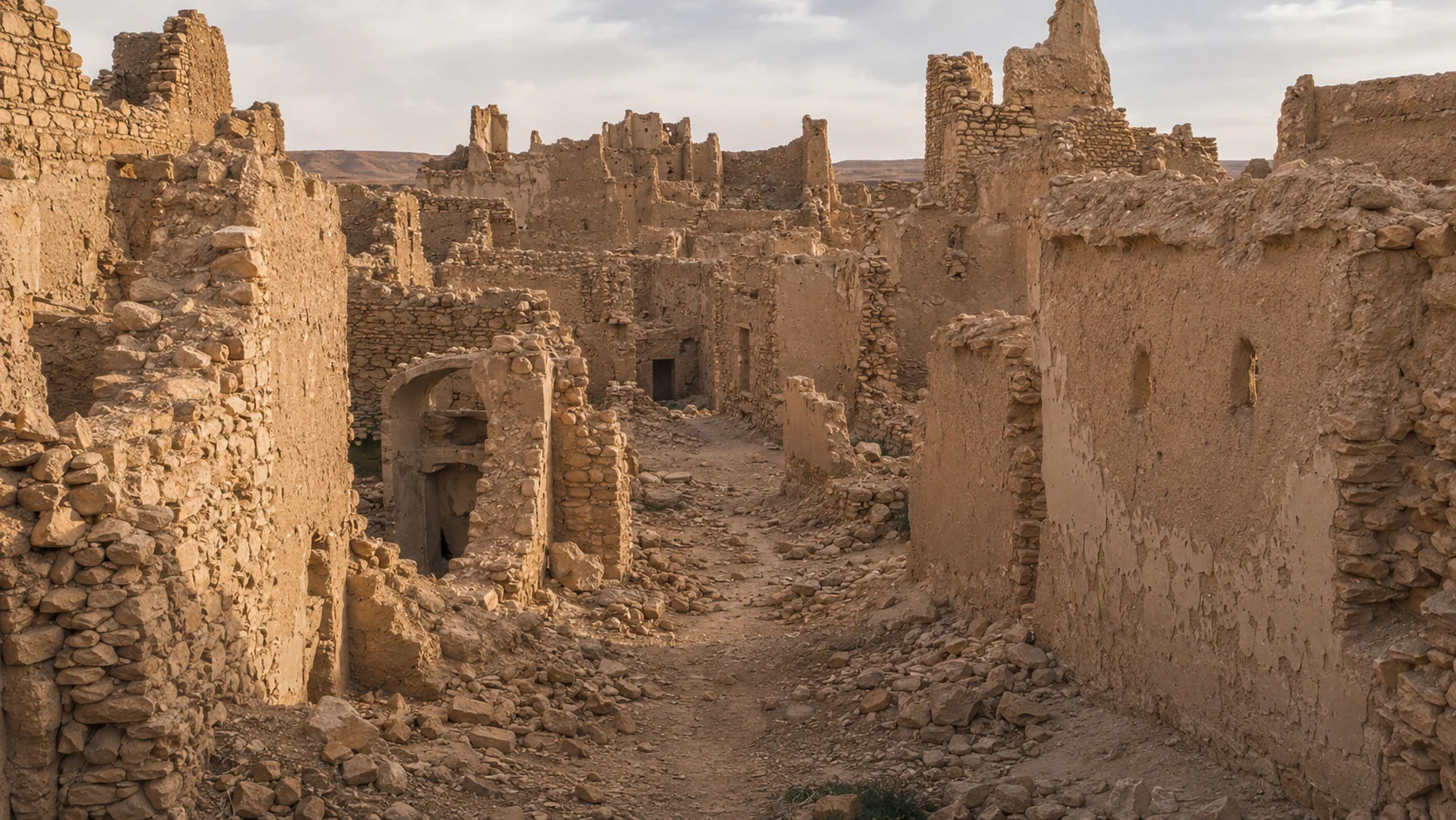 Empty debris and collapsed earthen rooms inside the abandoned old Ksar Meski