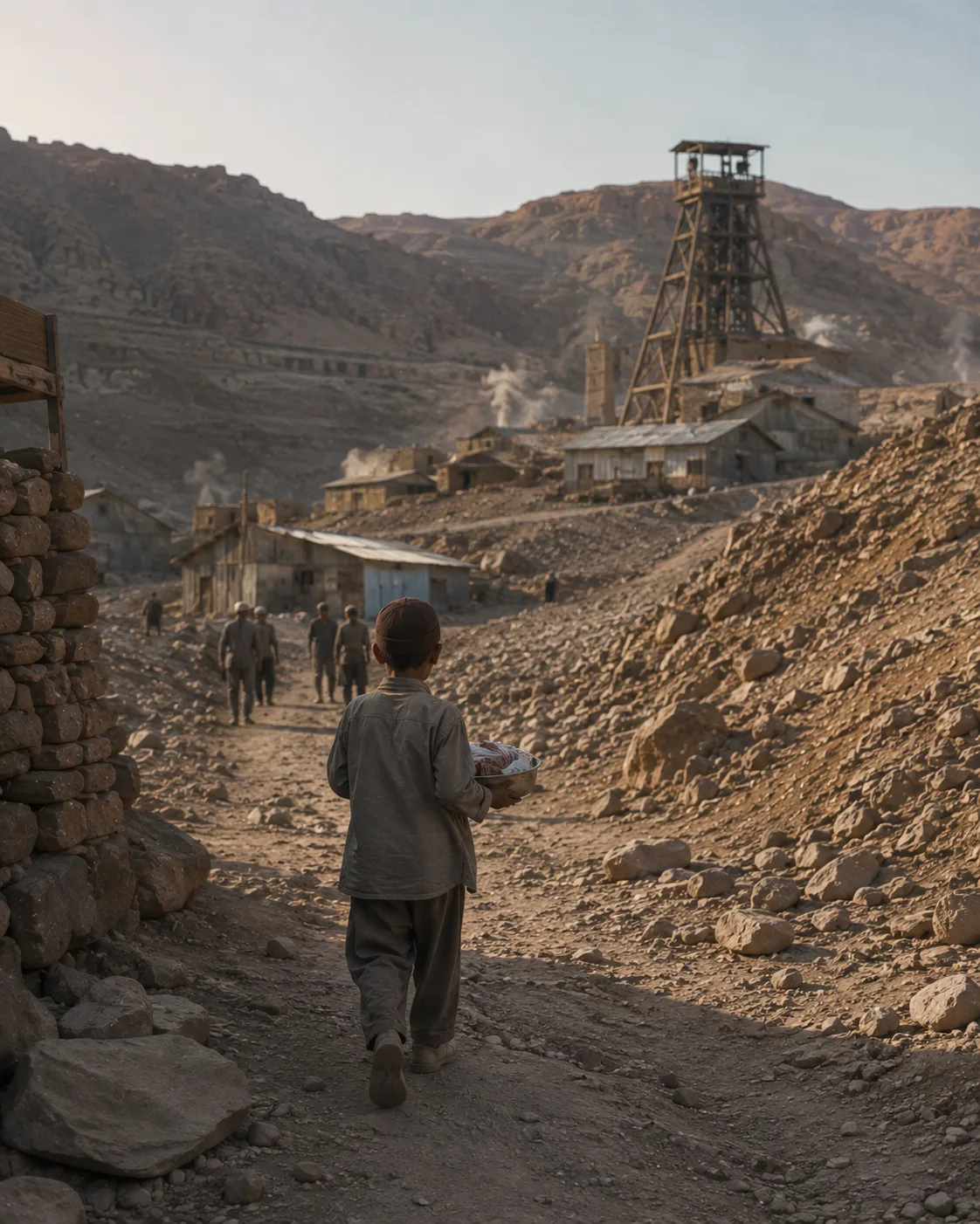 Historical reconstruction of the narrator's father as a boy carrying a meal to his father near the Aouli mines