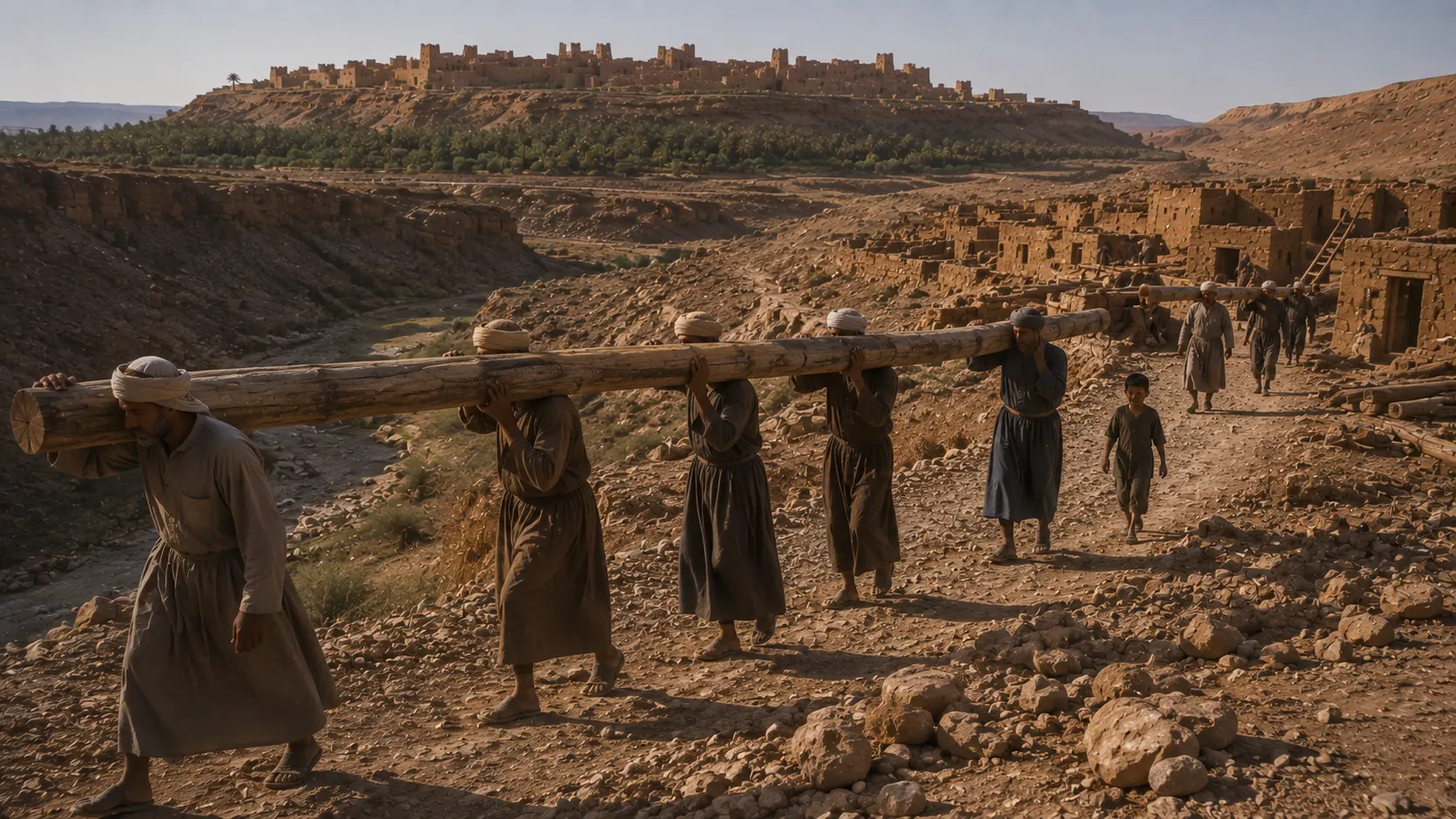 Historical reconstruction of villagers carrying reused timber from the old Ksar toward the new settlement