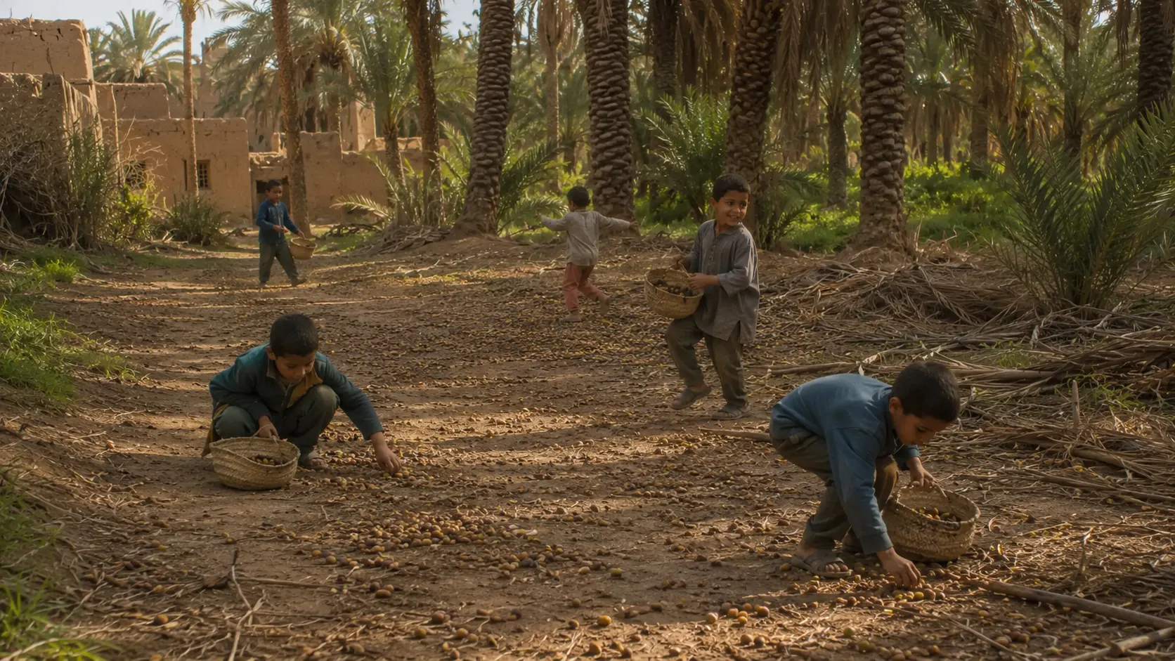 Historical reconstruction of children collecting rkem beneath date palms near Ksar Meski