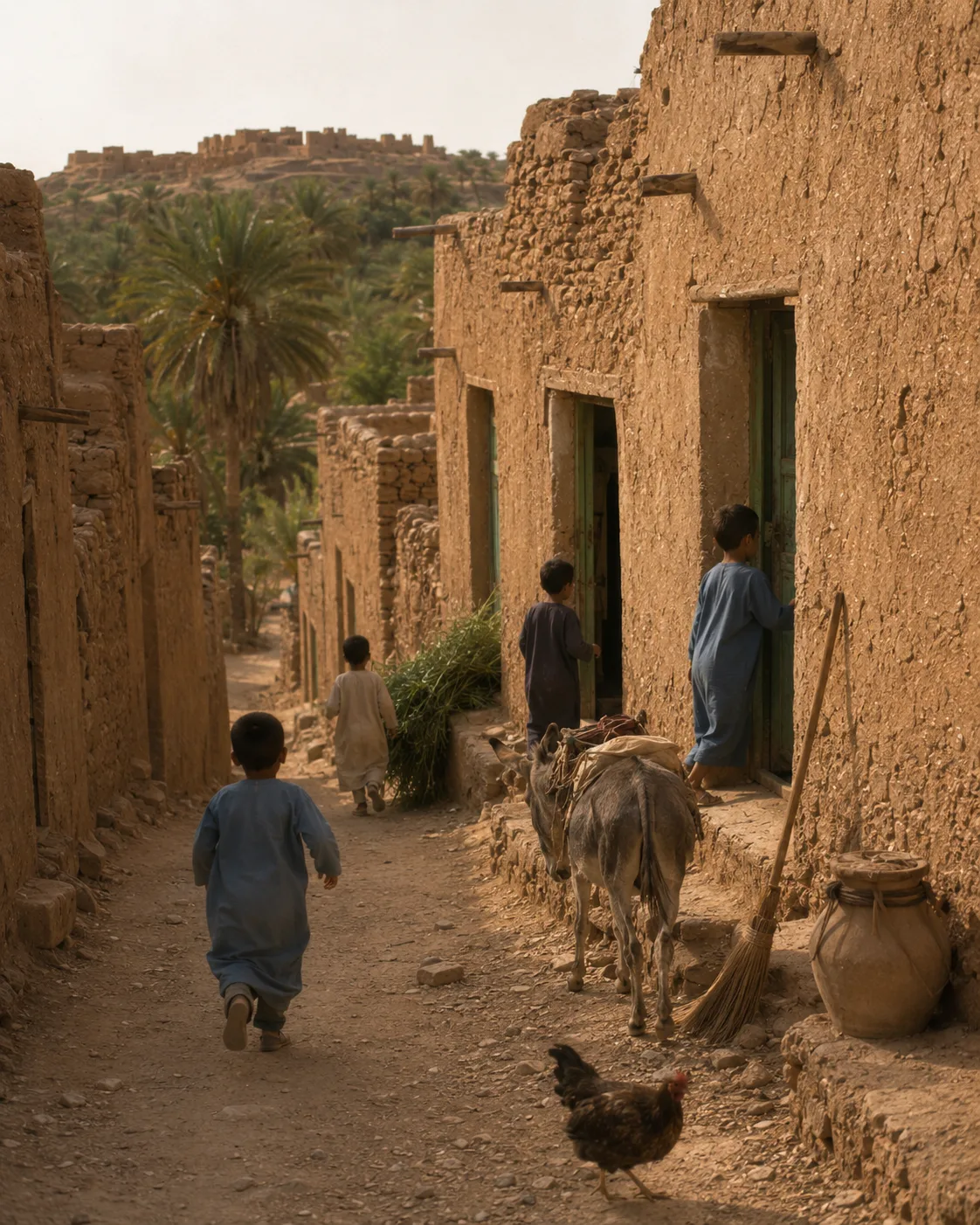 Historical reconstruction of children moving naturally from one family house to another in the new Ksar Meski