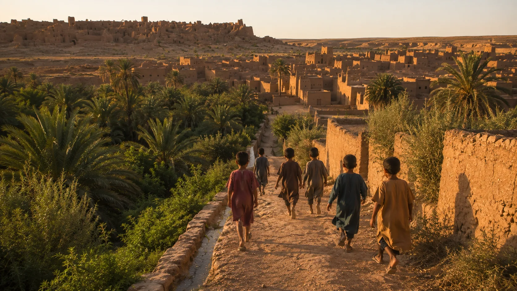 Historical reconstruction of children returning toward the new Ksar Meski in the late afternoon