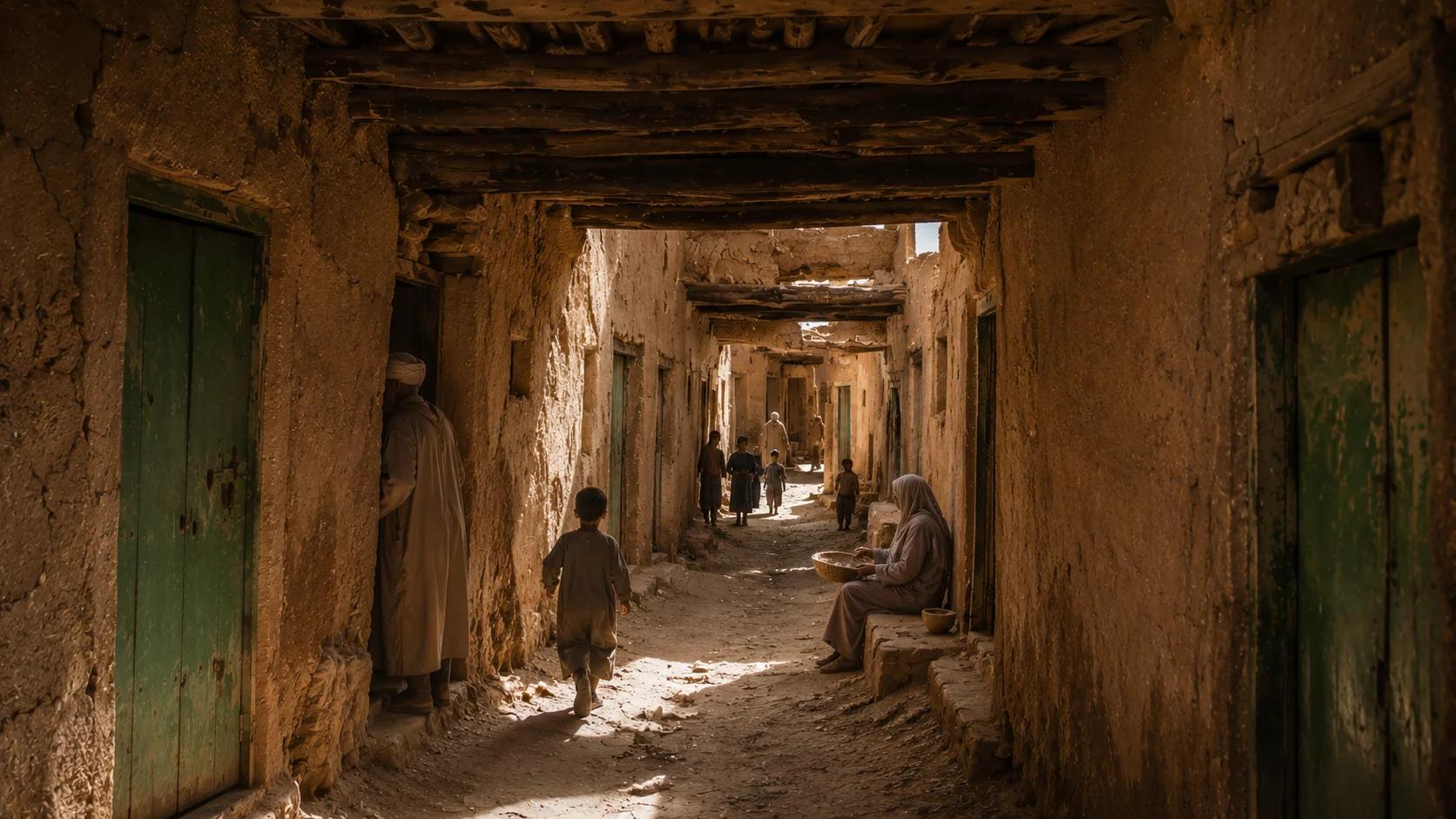 Historical visual reconstruction of a covered earthen derb inside the inhabited old Ksar Meski