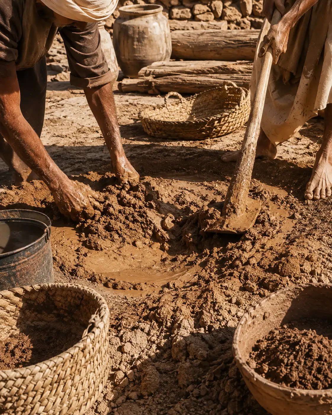 Historical reconstruction of earth being prepared for house walls in the new Ksar Meski