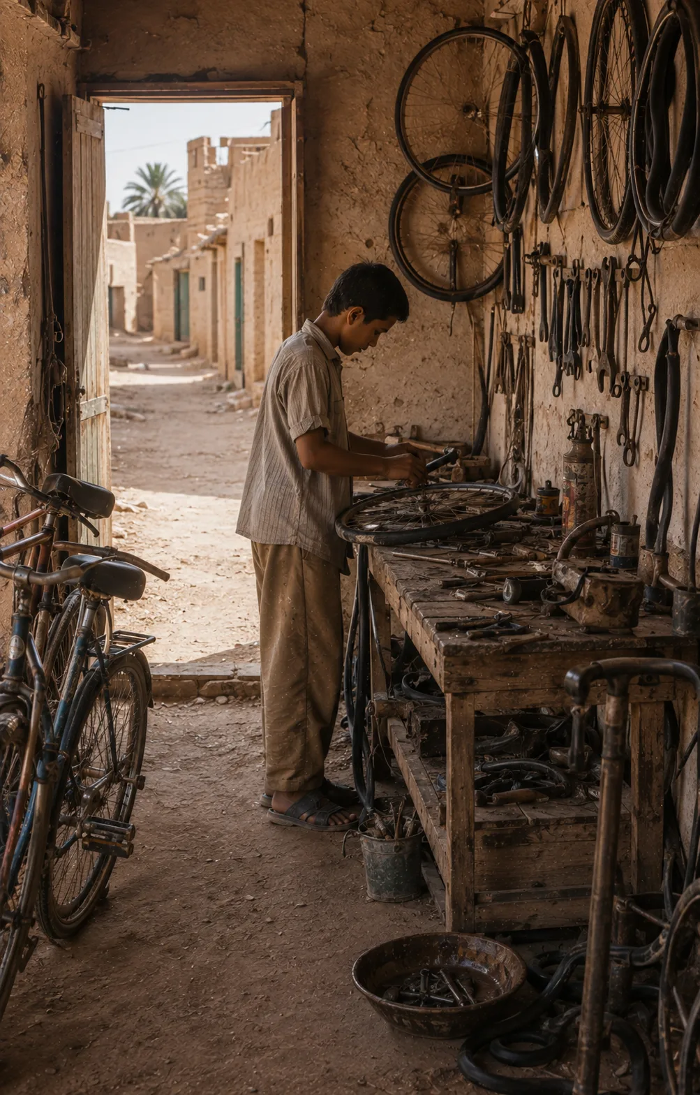 Historical reconstruction of the narrator's father as a young man repairing bicycles in his hanout in the new Ksar Meski