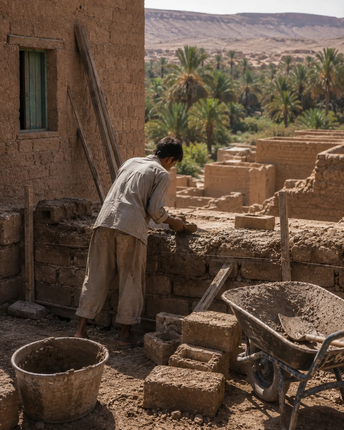 Historical reconstruction of the narrator's father as a young man working in house construction