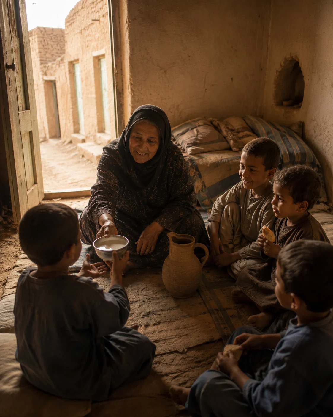 Historical reconstruction of an older neighbour offering fresh leben to children in the new Ksar Meski