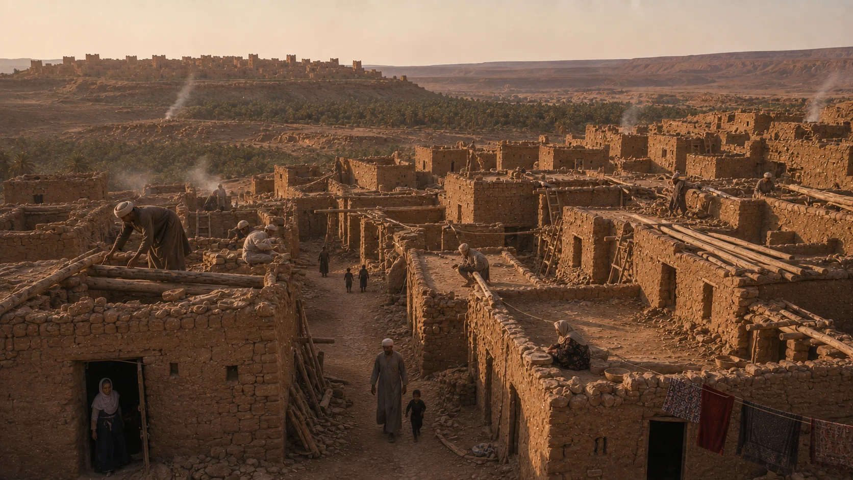 Historical reconstruction of the new Ksar Meski rising while families still lived in the old settlement
