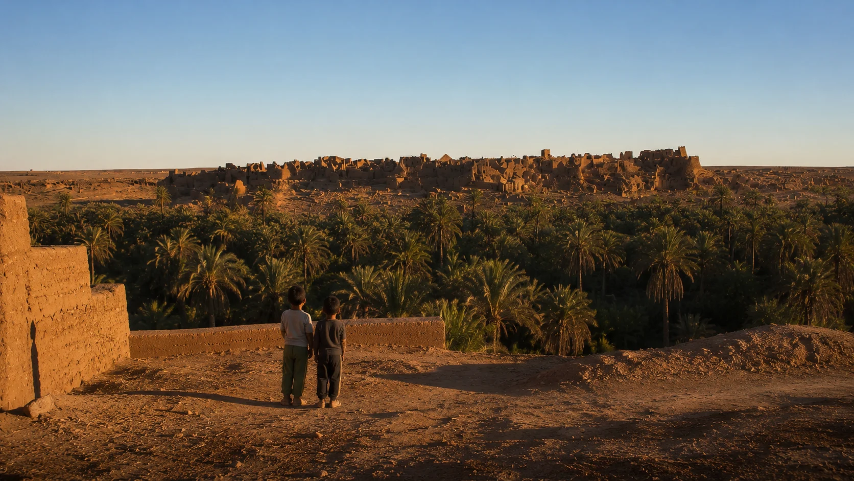 Historical reconstruction of the old Ksar Meski seen across the valley from the new village during the narrator's childhood