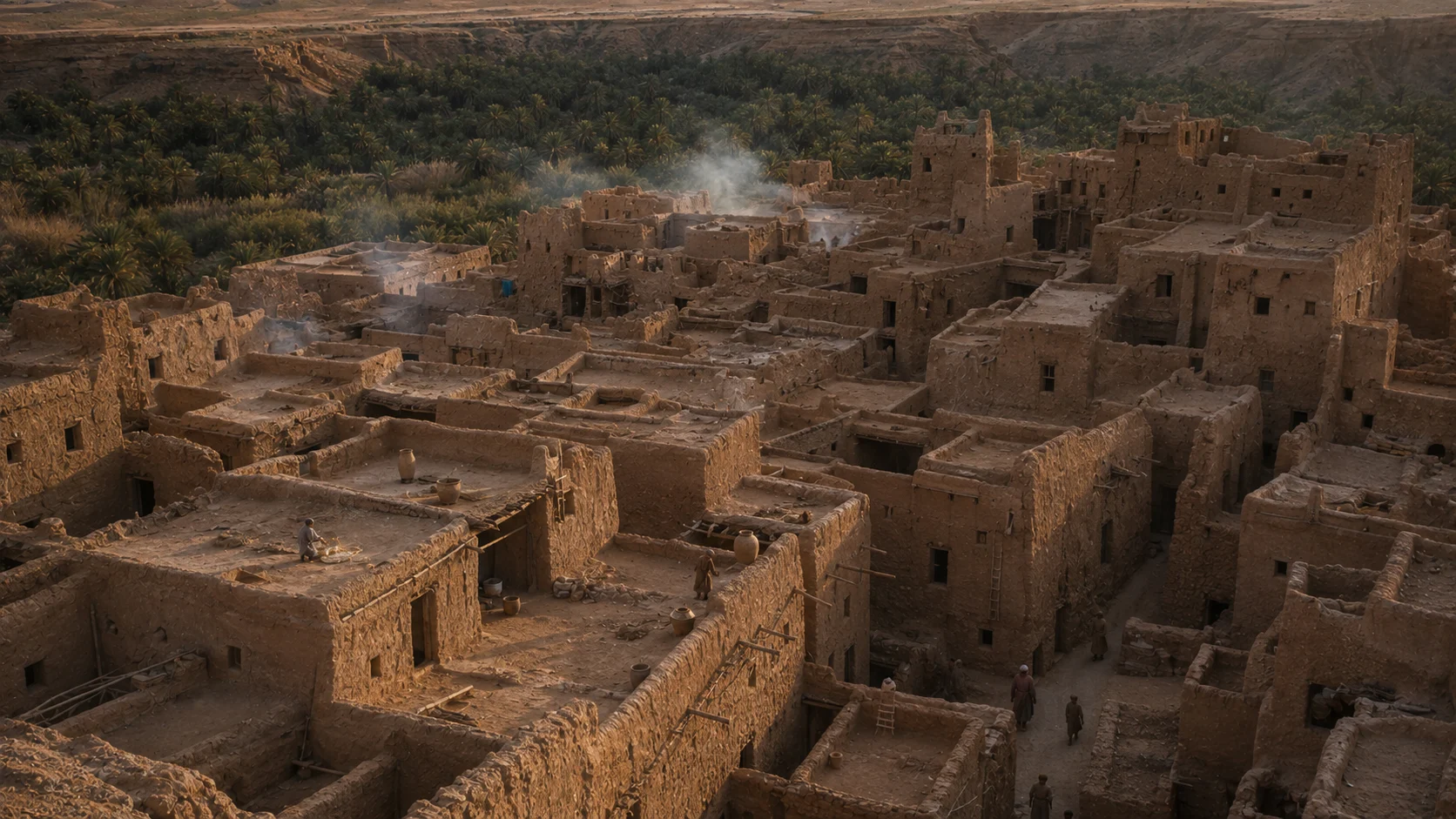 Historical visual reconstruction of the old Ksar Meski with intact earthen roofs