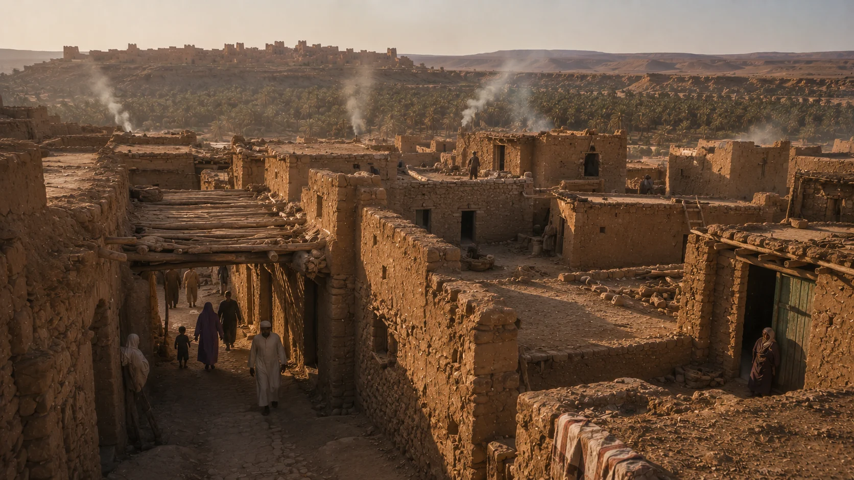 Historical reconstruction of the old Ksar Meski still inhabited during the gradual move