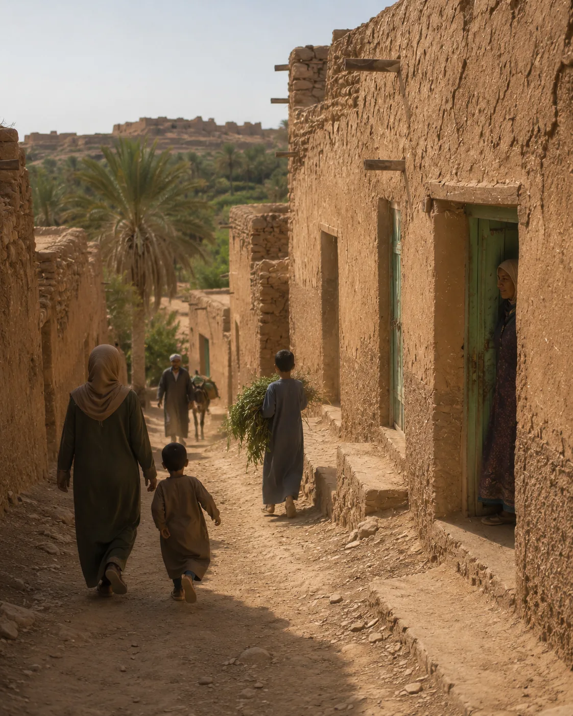 Historical reconstruction of open family doors along a lane in the new Ksar Meski during the narrator's childhood
