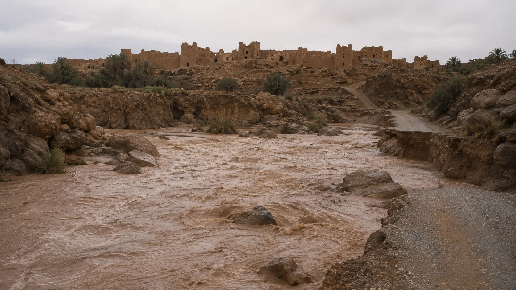 Historical visual reconstruction of a swollen oued cutting access to the old Ksar Meski