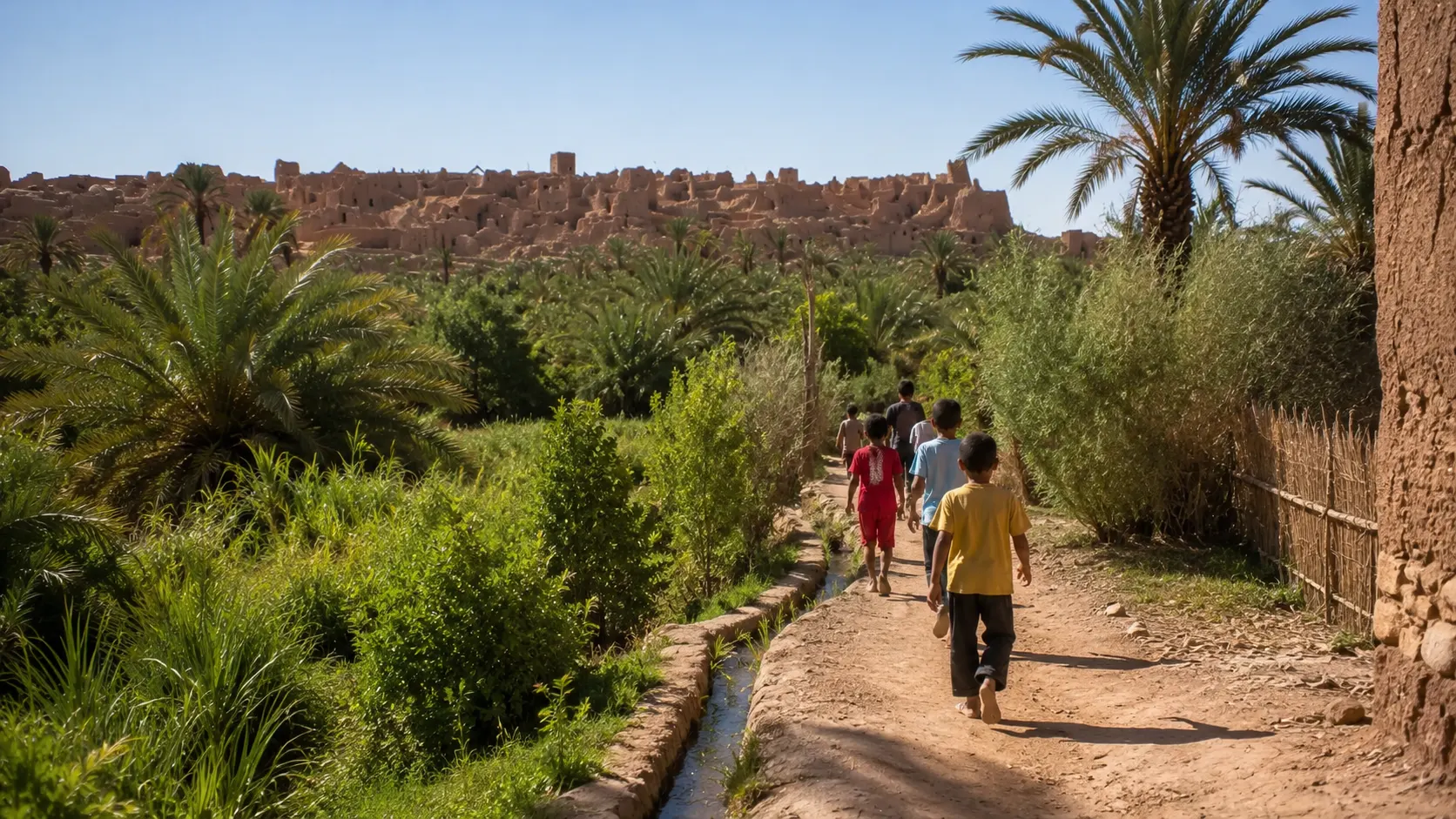 Historical reconstruction of children taking a path from the new Ksar Meski toward the Blue Spring