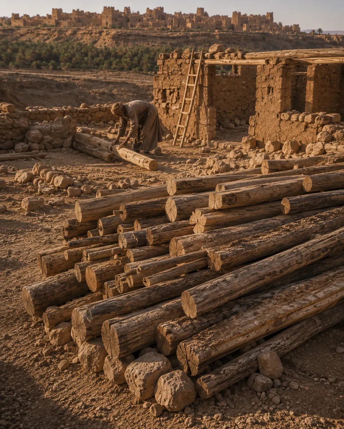 Historical reconstruction of reused timber beams awaiting placement in the new Ksar Meski