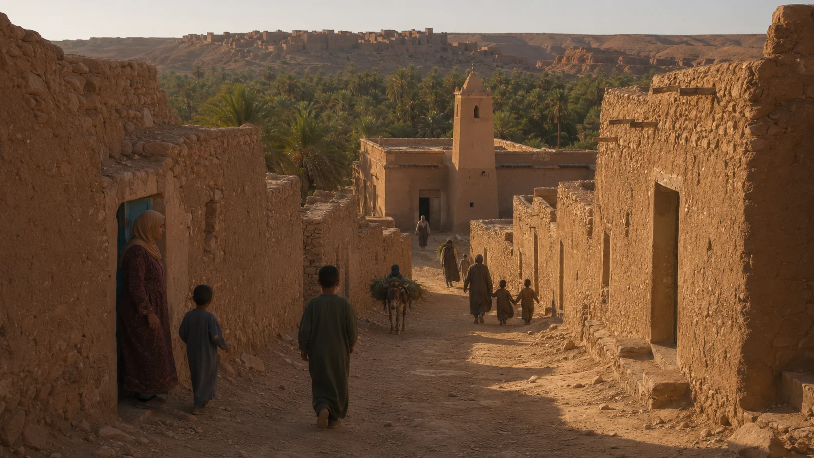 Historical reconstruction of the sloping lane leading toward the mosque in the new Ksar Meski