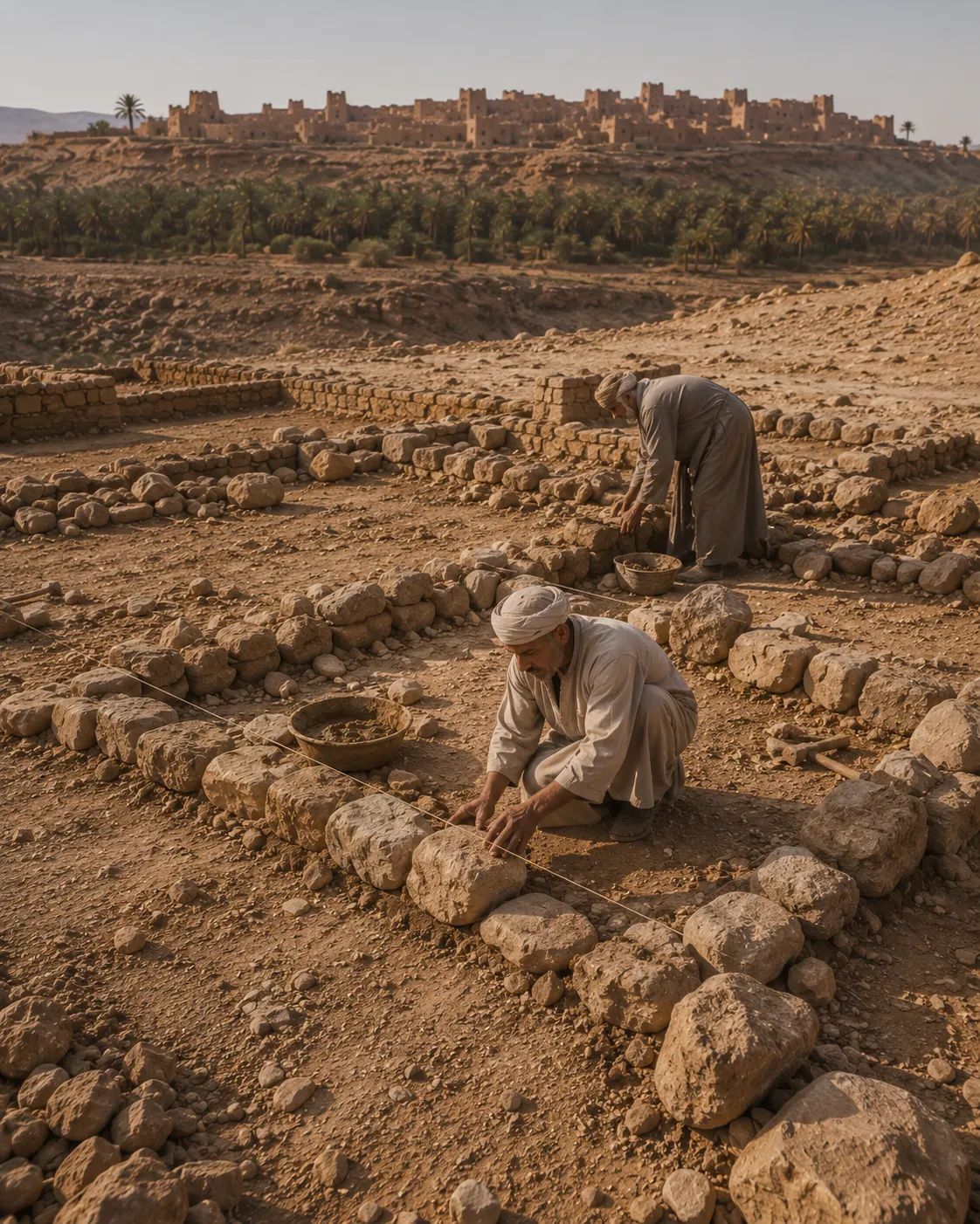 Historical reconstruction of modest stone foundations in the new Ksar Meski