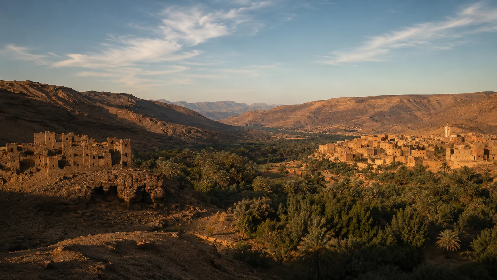 The old and new Ksar Meski facing one another across the valley and oasis