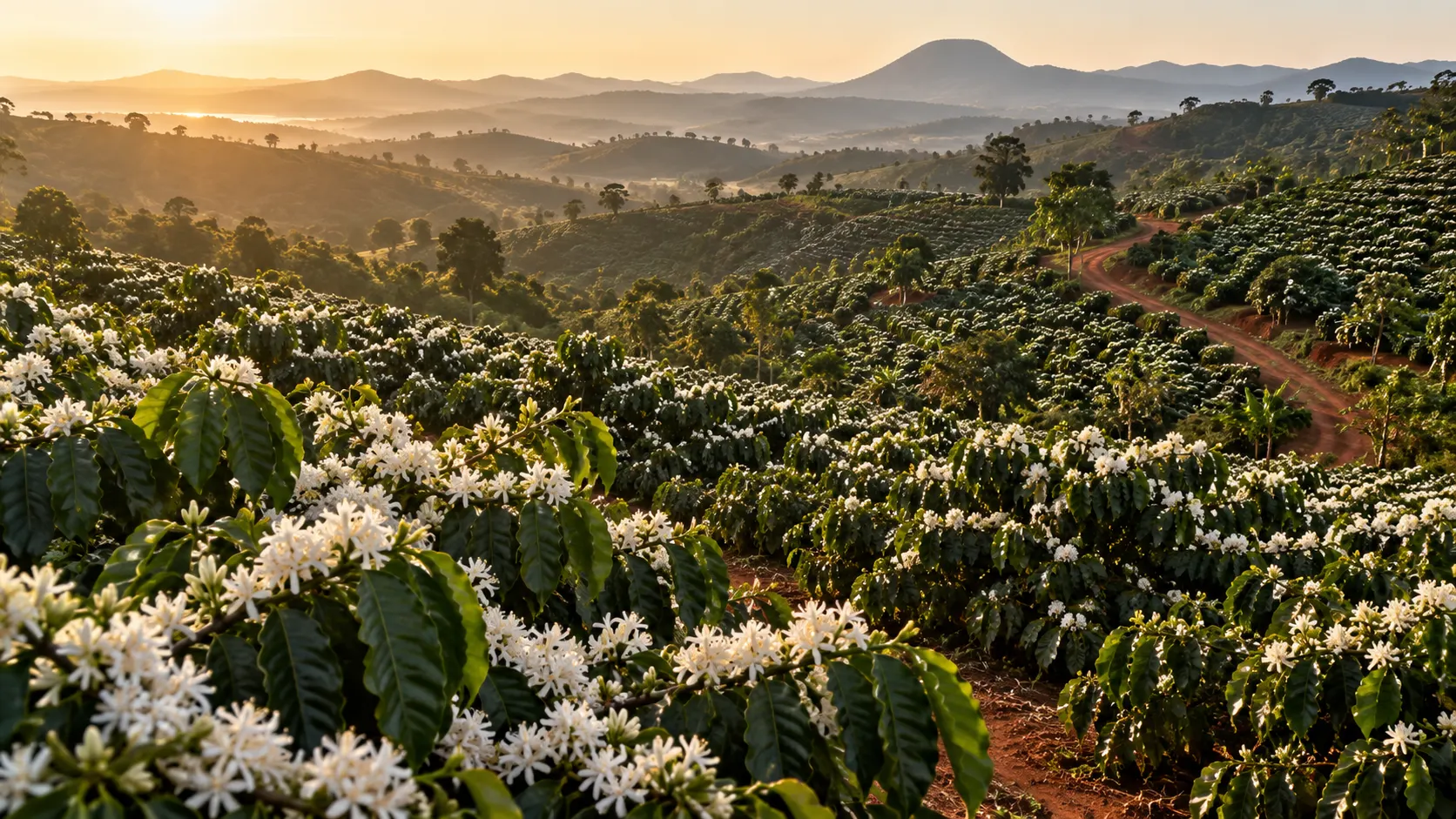 Robusta coffee plantations in bloom in Đắk Lắk, Vietnam