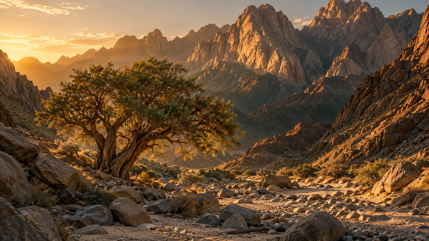 Sinai desert mountain wadi with Sidr tree, Egypt
