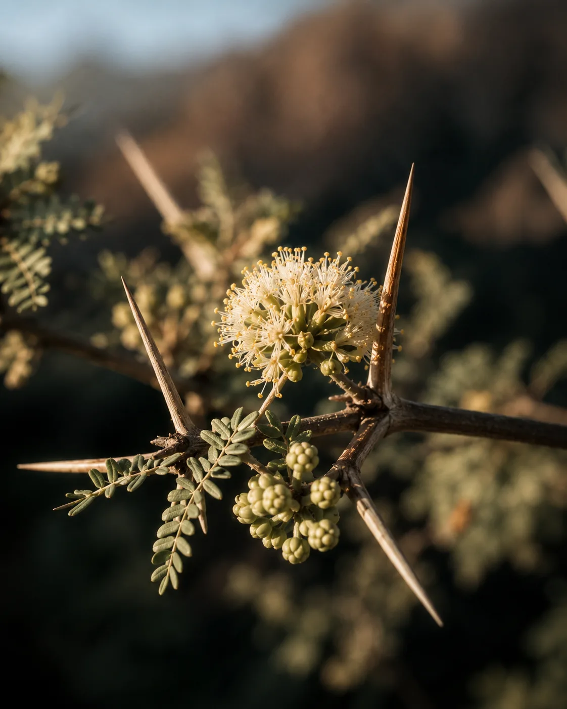 Pale Samar acacia blossom close-up, Hajar Mountains