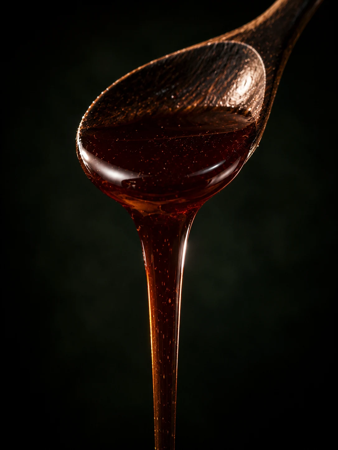 Dark Emirati Samar honey falling thickly from a spoon