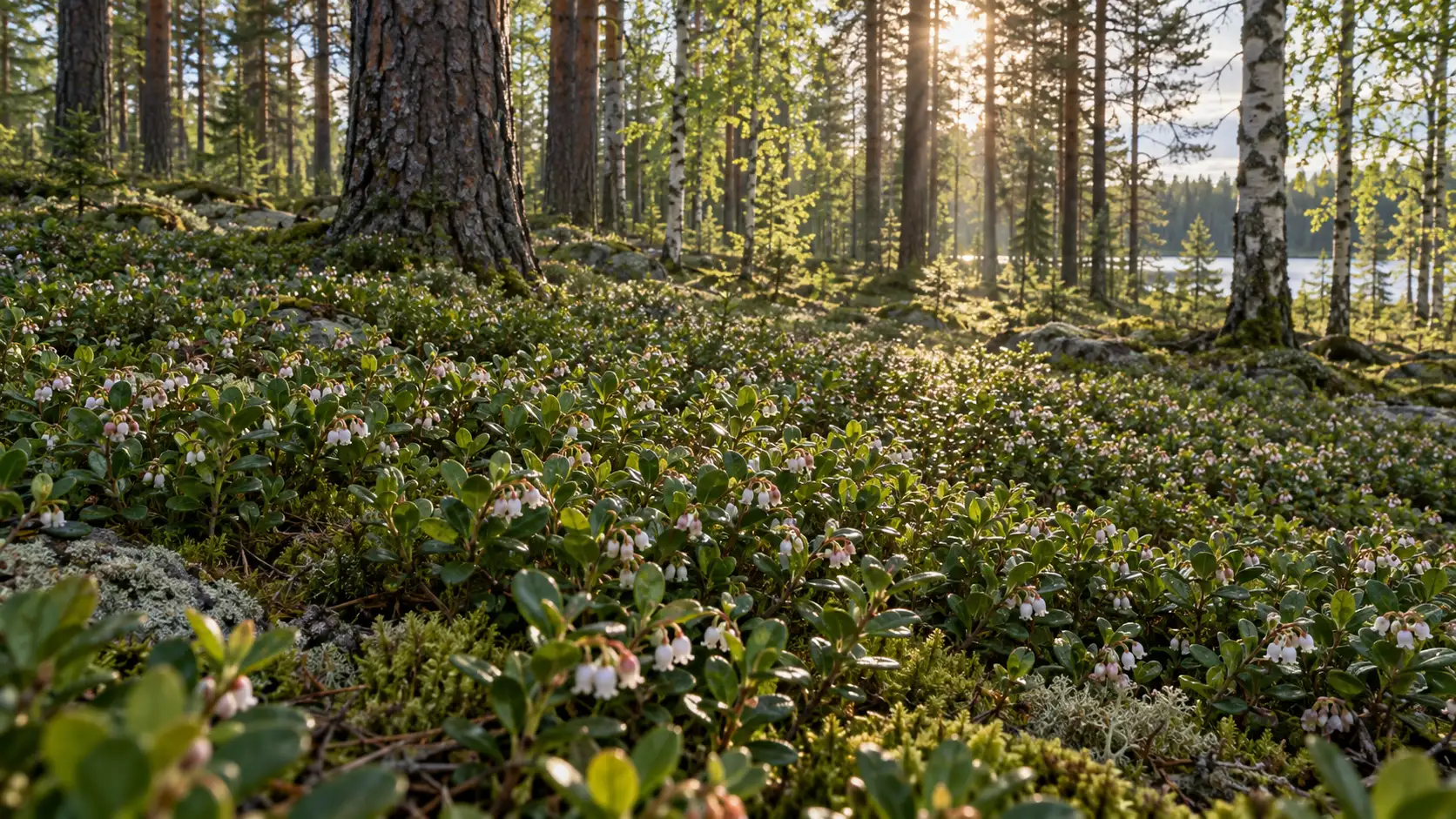 Lingonberry flowers on the forest floor near Muhos, Finland